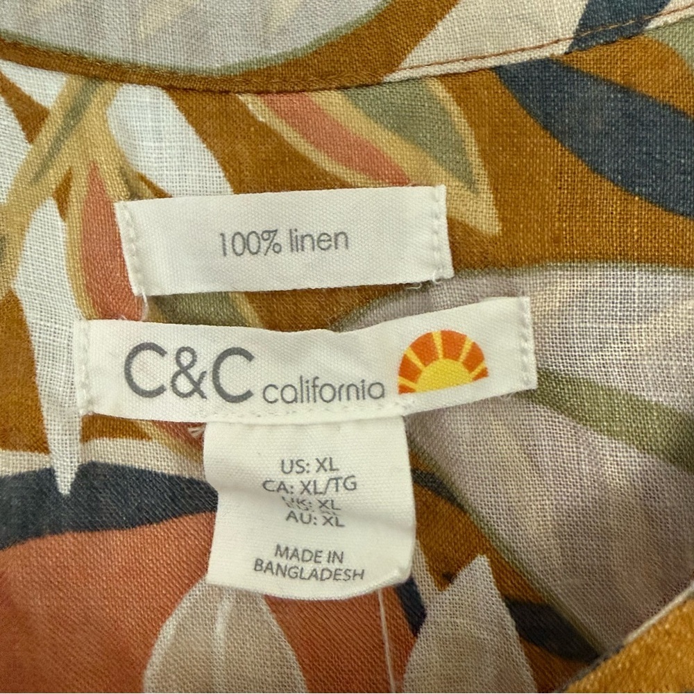 100% linen sleeveless button down‎ blouse tank tropical leaf C&C CALIFORNIA XL - Picture 3 of 6